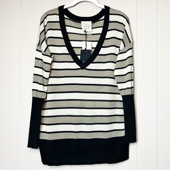 Chaser NWT Lurex Stripe Sweater Medium black gold metallic V neck lightweight - Picture 2 of 11